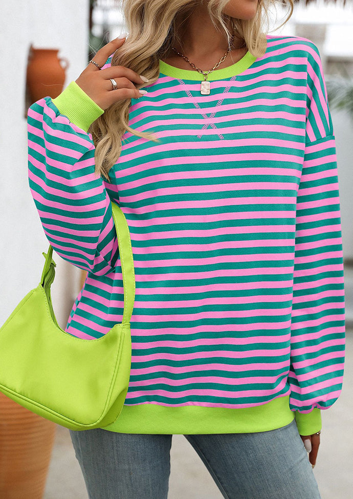 Striped Crew Neck Color Block Casual Sweatshirt