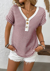 Striped Contrast V Neck Knitted T-shirt