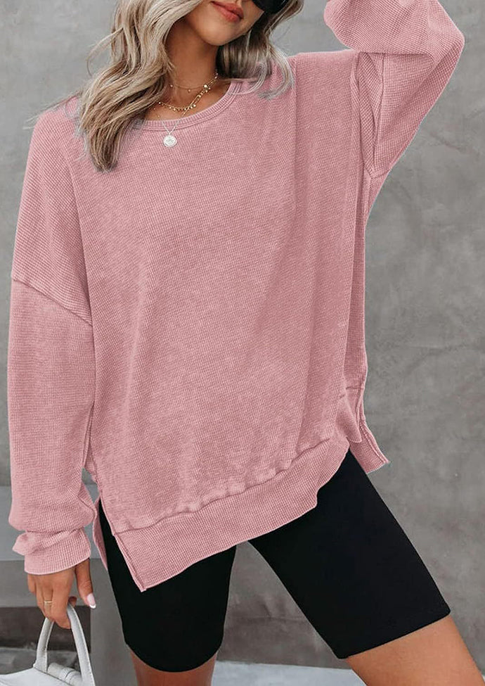 Crew Neck Side Split Waffle Sweatshirt