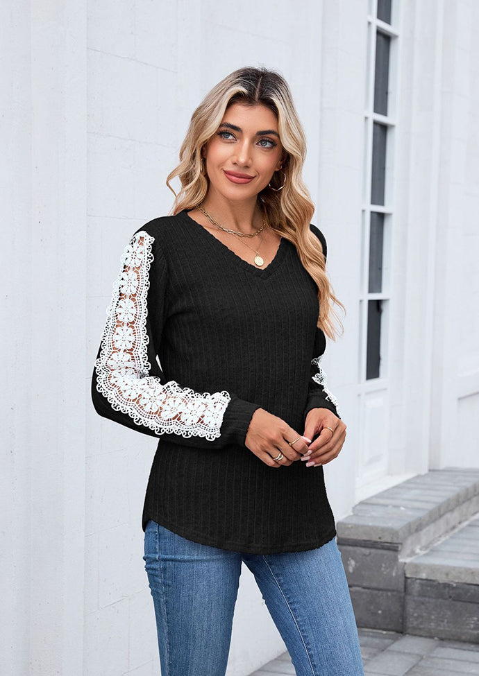 Lace Inset V Neck Long Sleeve T-shirt