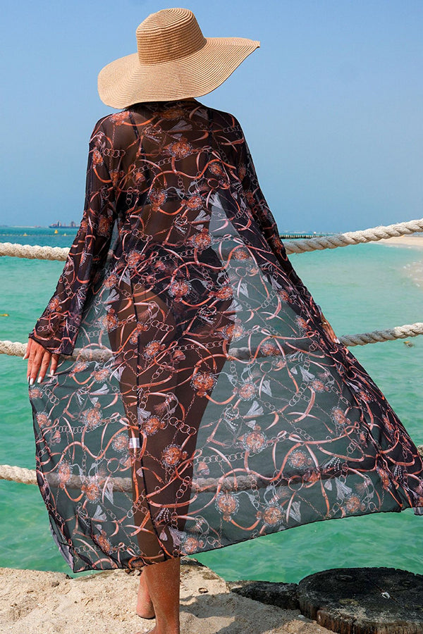 Vintage Print Bikini & Sheer Cover-Up 3-Piece Swim Set - Swimwear from Cindelily