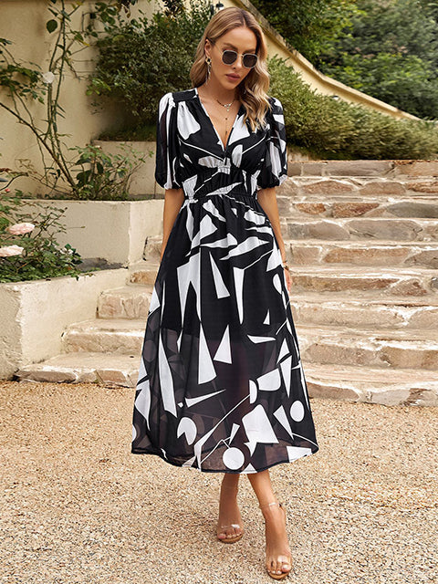 Floral Smocked Waist V Neck Chiffon Maix Dress