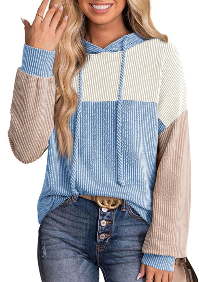 Tie Detail Textured Color Block Casual Hoodie