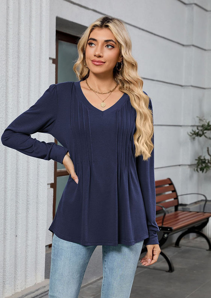 V Neck Pleated Long Sleeve Casual Tunic