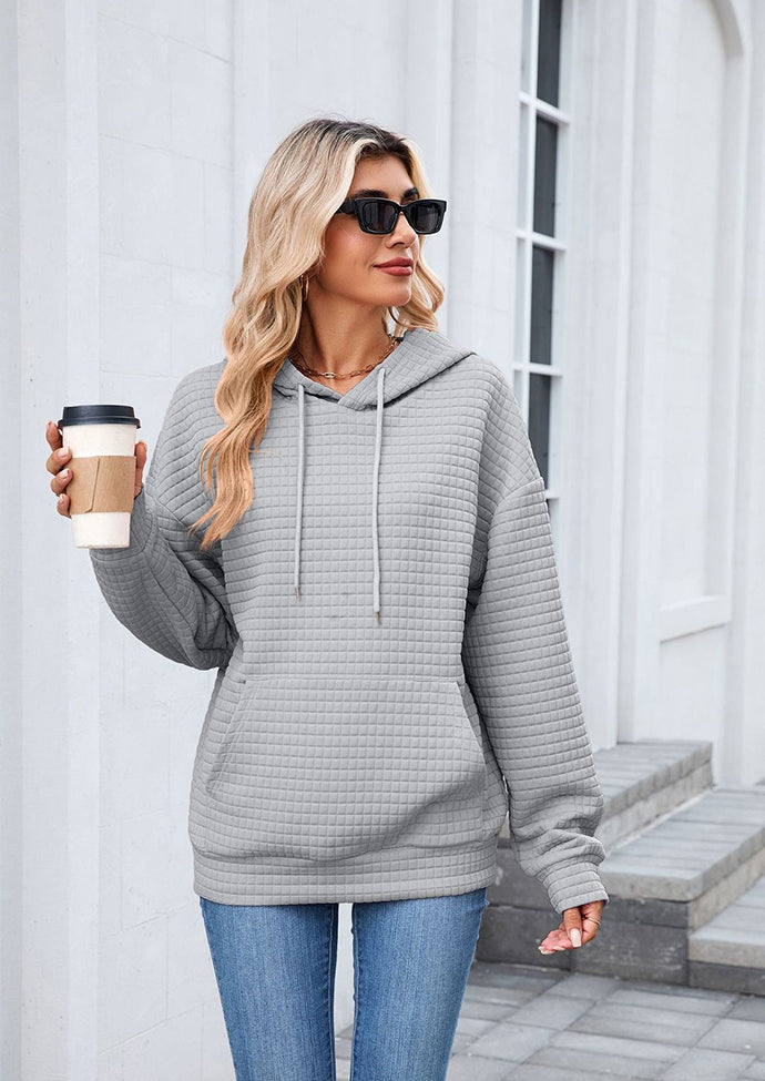 Textured Tie Front Pocket Detail Casual Hoodie