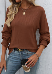 Textured Smocked Cuff Crew Neck Casual T-shirt