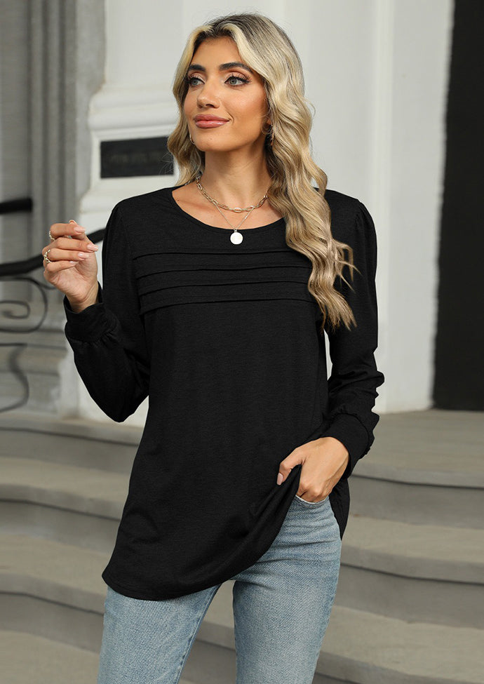 Solid Pleated Long Sleeve Casual T-shirt