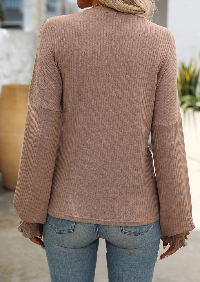 Textured Smocked Cuff Crew Neck Casual T-shirt