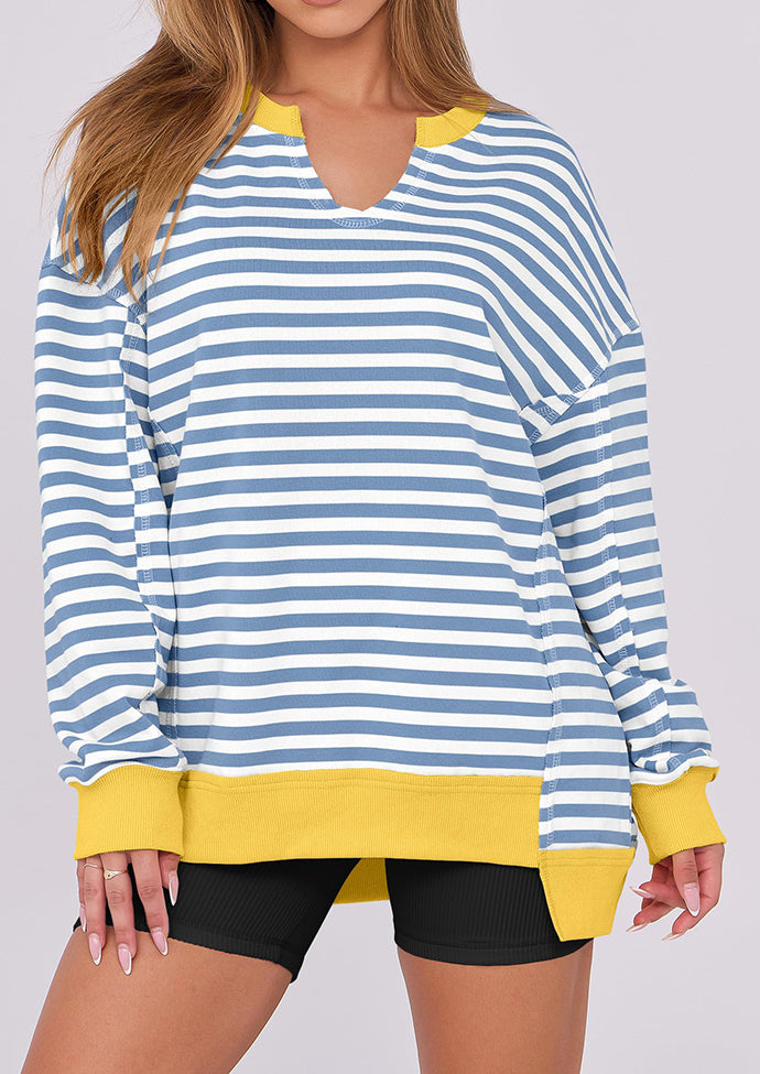 Stripe V Neck Over Size Basic Sweatshirt