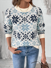 Crew Neck Snowflake Pattern Knitted Sweater
