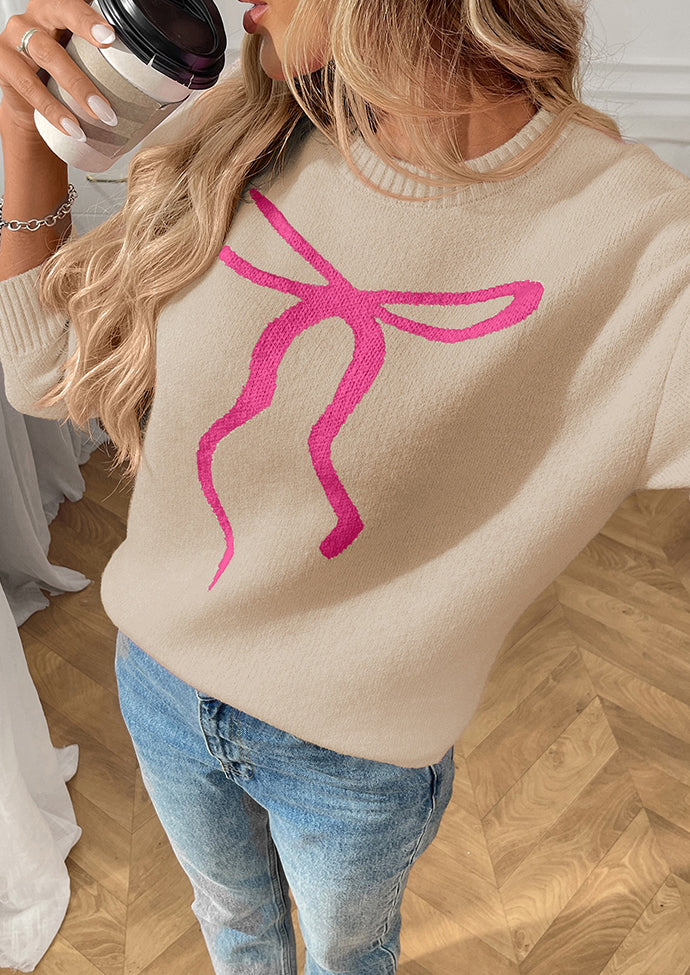 Bow Pattern Crew Neck Knitted Sweater