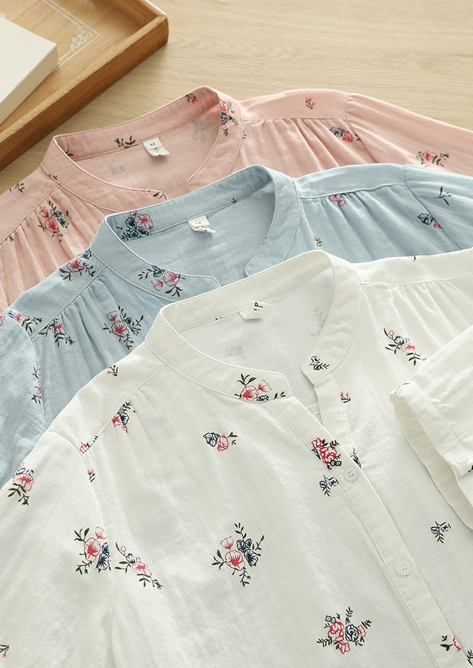 Split Neck Floral Print Half Sleeve Cotton Shirt