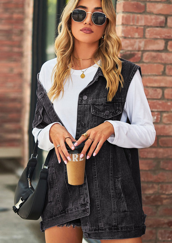 Retro Washed Denim Vest with Pockets