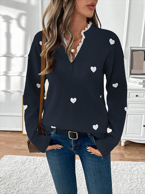 V Neck Lace Splicing Heart Jacquard Sweater