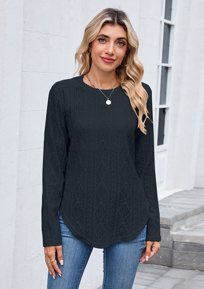 Textured Button Detail Crew Neck Casual T-shirt