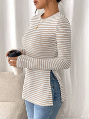 Striped Side Split Long Sleeve Top