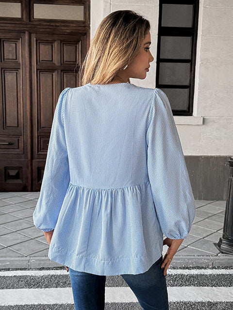 Bow Knotted Long Sleeve Stripe Blouse