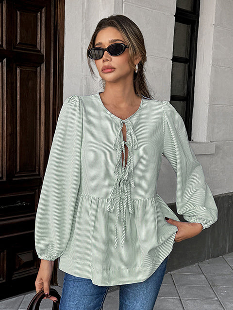 Bow Knotted Long Sleeve Stripe Blouse