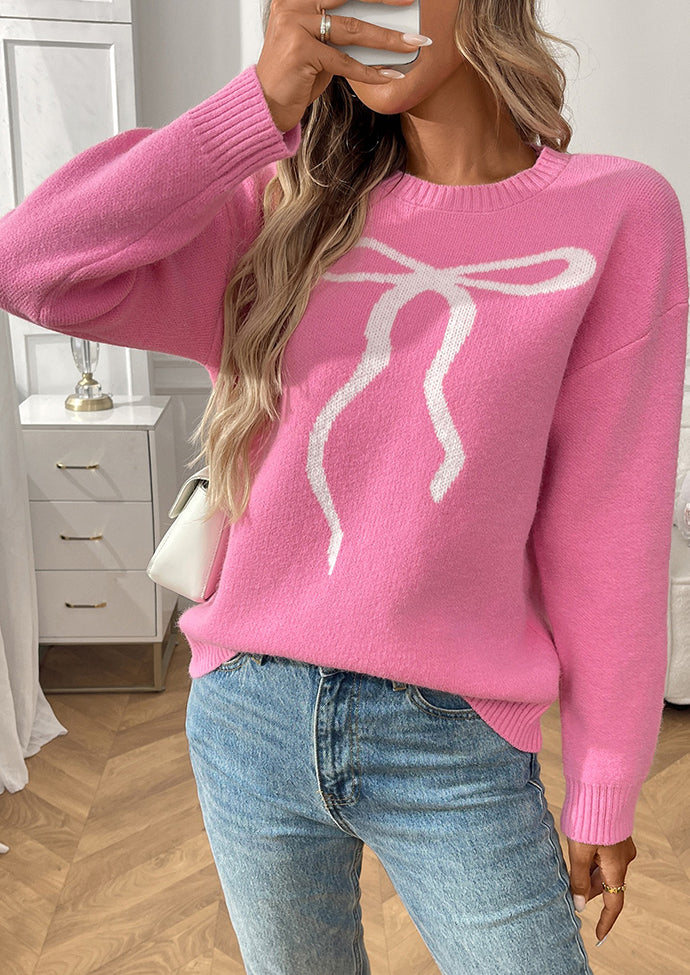 Bow Pattern Crew Neck Knitted Sweater