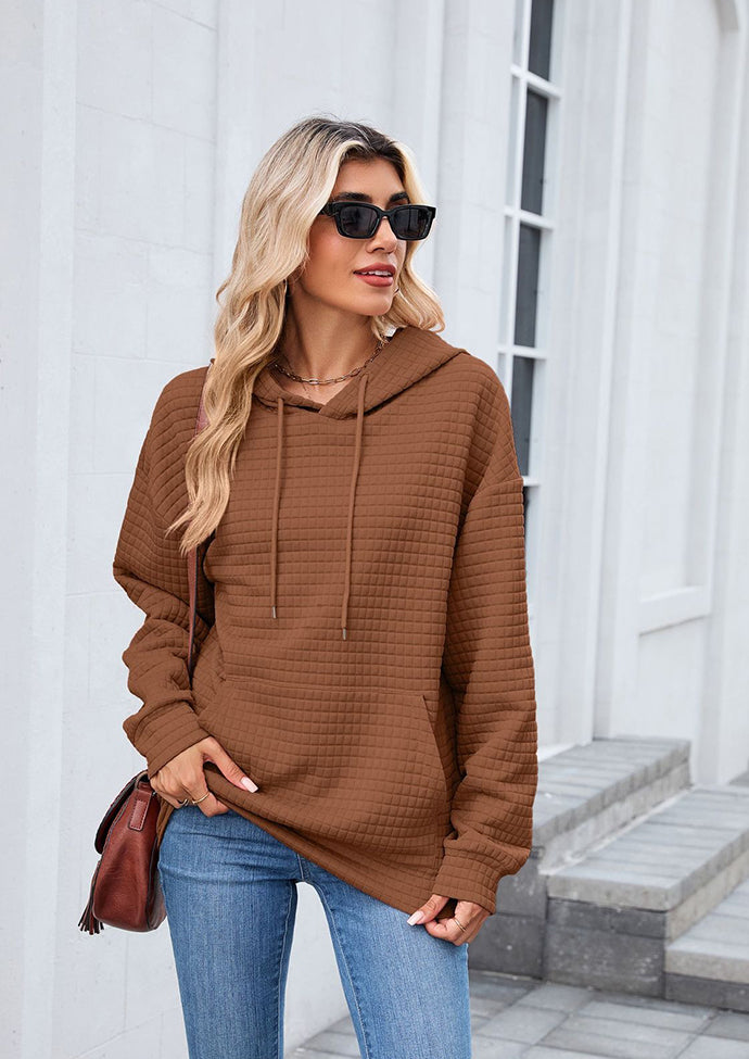 Textured Tie Front Pocket Detail Casual Hoodie