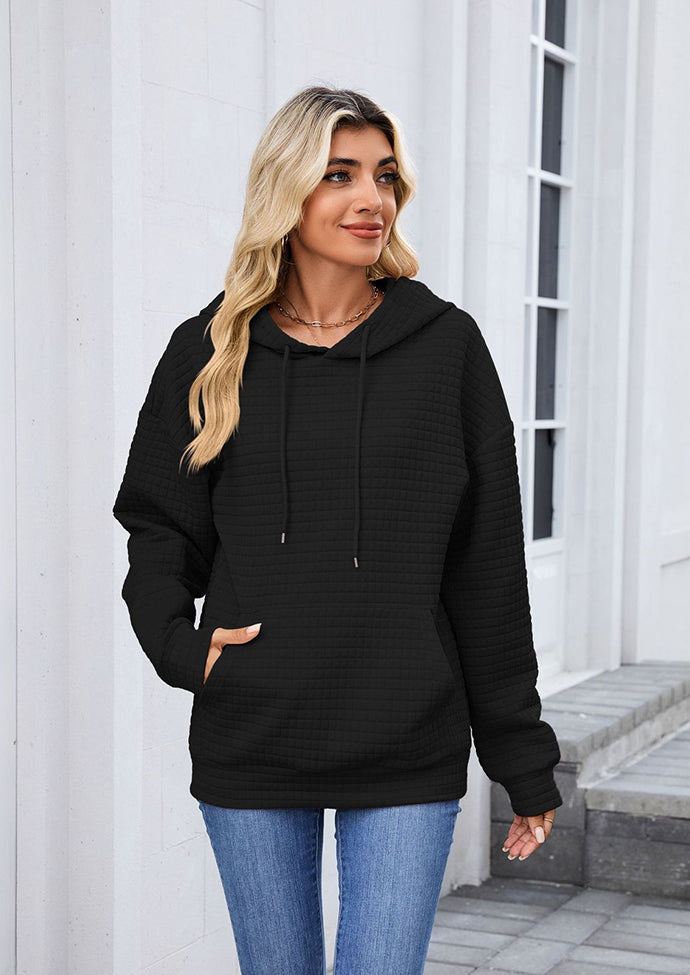 Textured Tie Front Pocket Detail Casual Hoodie