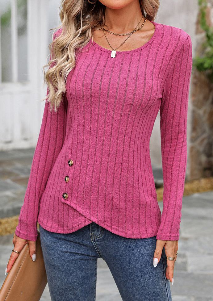 Crossed Hem Button Detail Textured Casual T-shirt