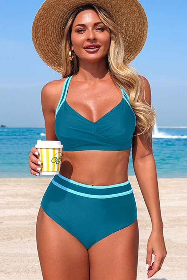 Contrast Trim Twist Front 2-Piece Bikini Set - Swimwear from Cindelily