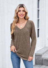 V-neck Pleated Solid Long Sleeve T-shirt