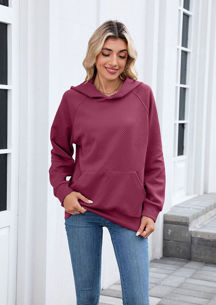 Textured Hooded Casual Sweatshirt with Front Pocket