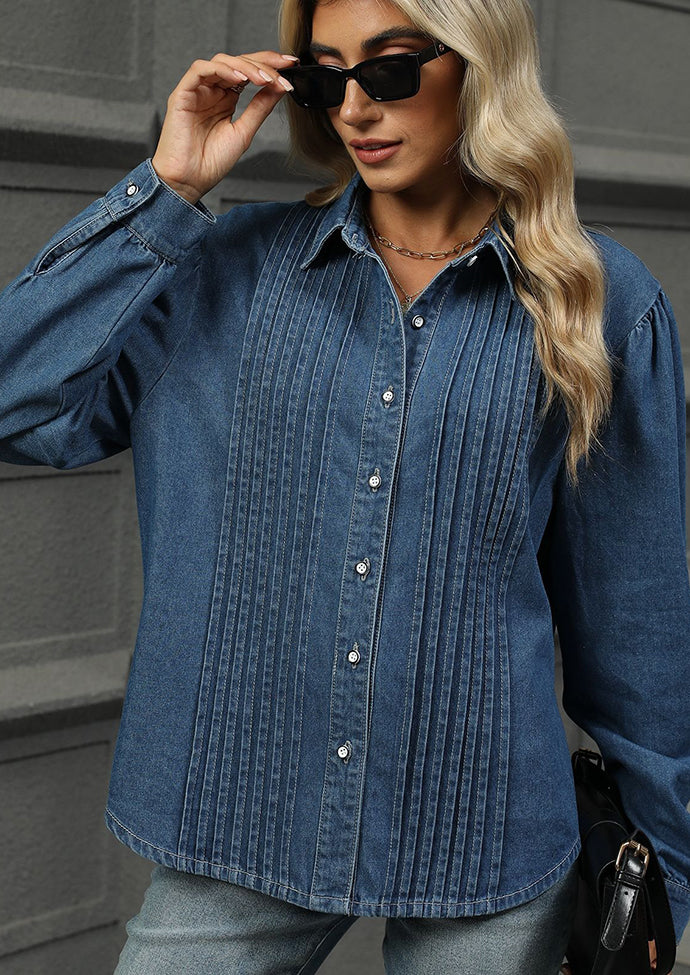 Pleated Button Up Washed Denim Shirt