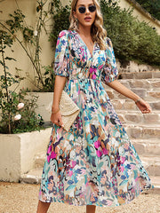 Floral Smocked Waist V Neck Chiffon Maix Dress