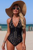 Laser-Cut Deep V Tummy-Control One Piece Bathing Suit Black - Swimwear from Cindelily