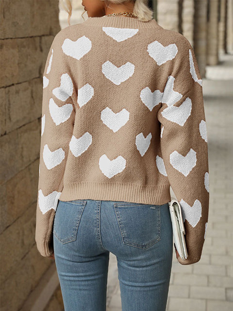 Heart Pattern Crew Neck Knitted Sweater
