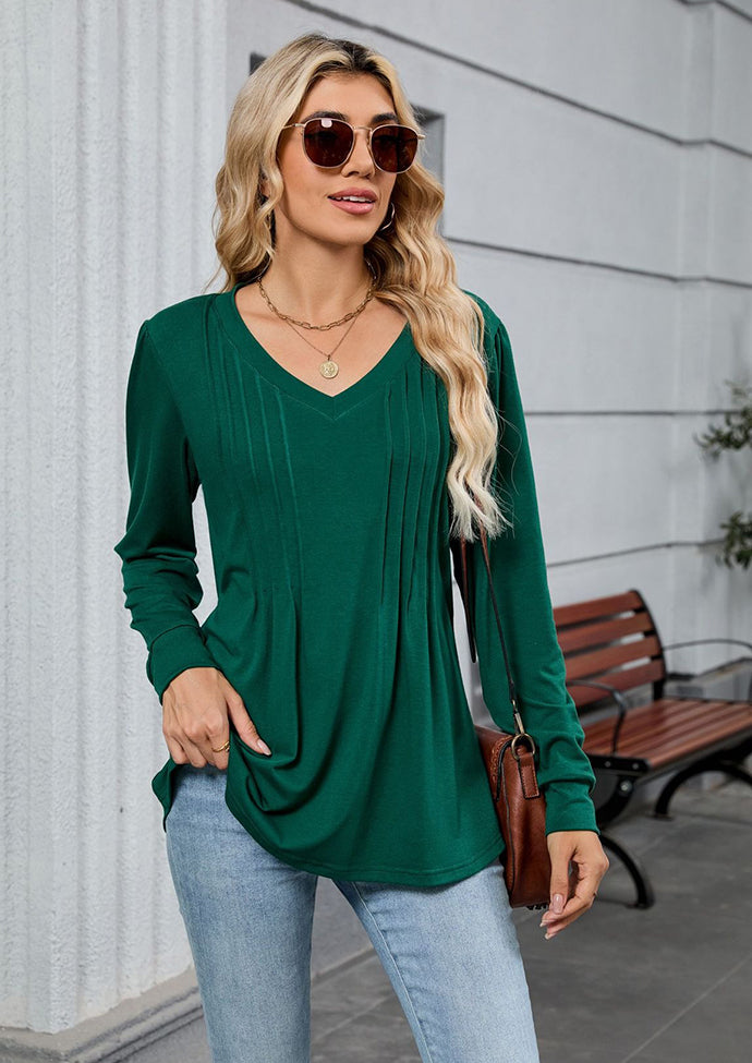 V Neck Pleated Long Sleeve Casual Tunic