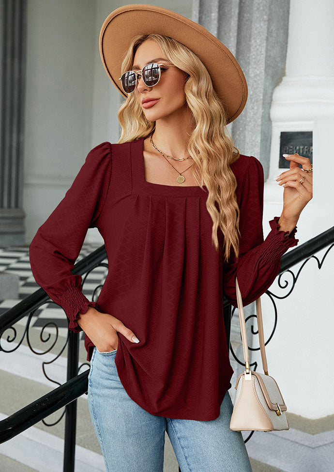Jacquard Pleated U Neck Casual Blouse
