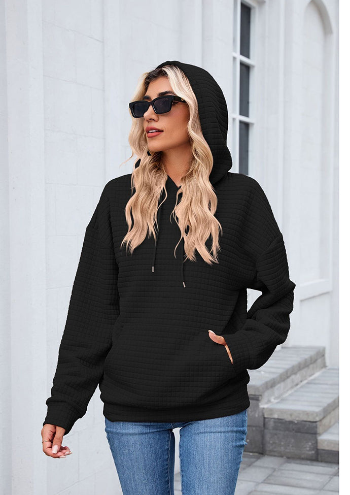 Textured Tie Front Pocket Detail Casual Hoodie