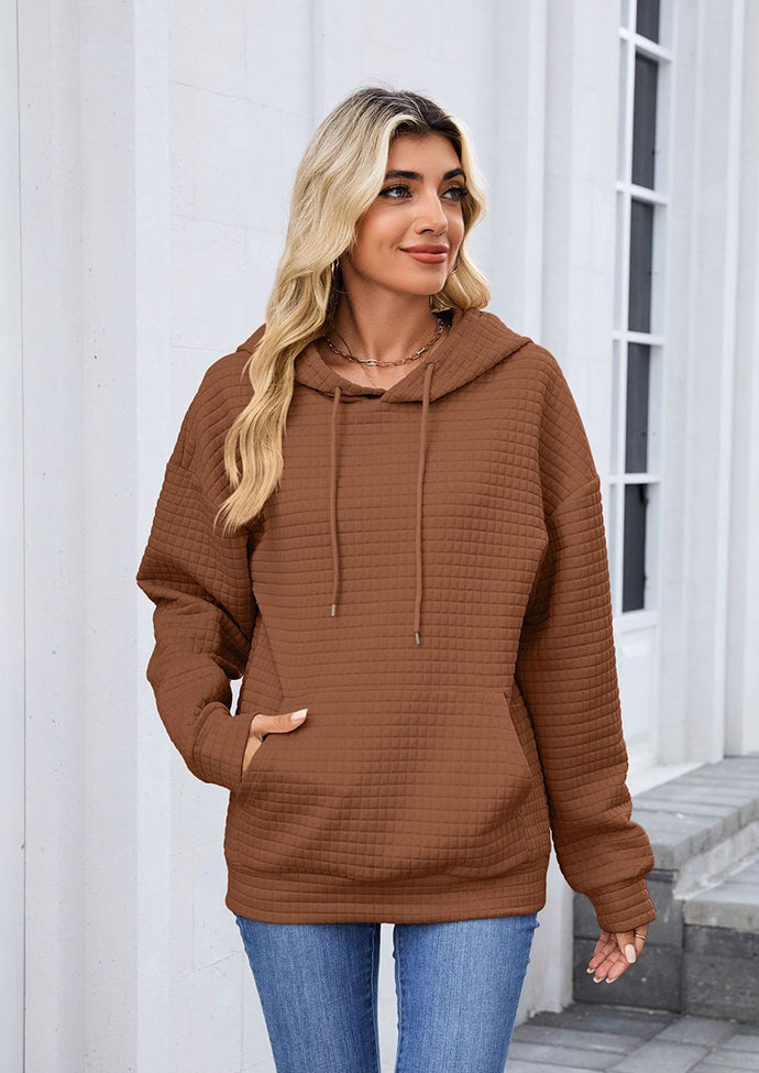 Textured Tie Front Pocket Detail Casual Hoodie