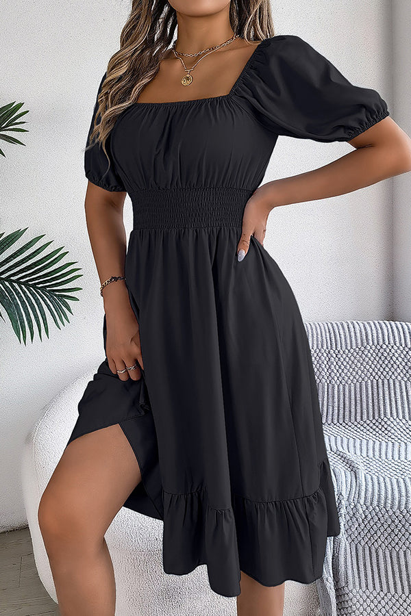 Smocked-Waist Ruffled Hem Midi Dress - Dresses from Cindelily