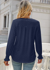 Jacquard V Neck Smocked Cuff Blouse