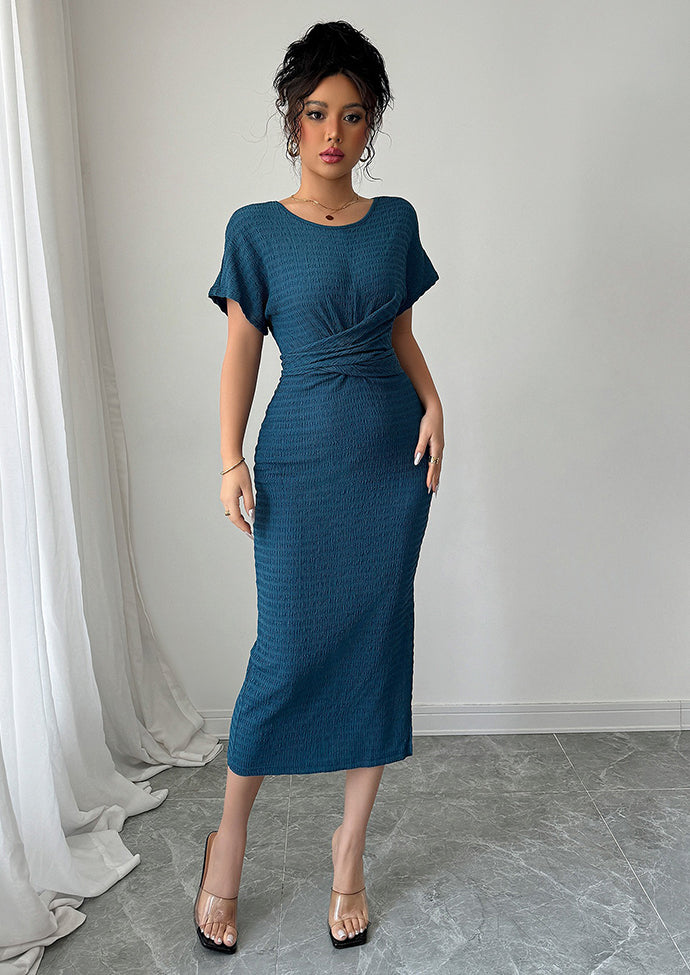 Textured Crew Neck Side Split Wrap Dress
