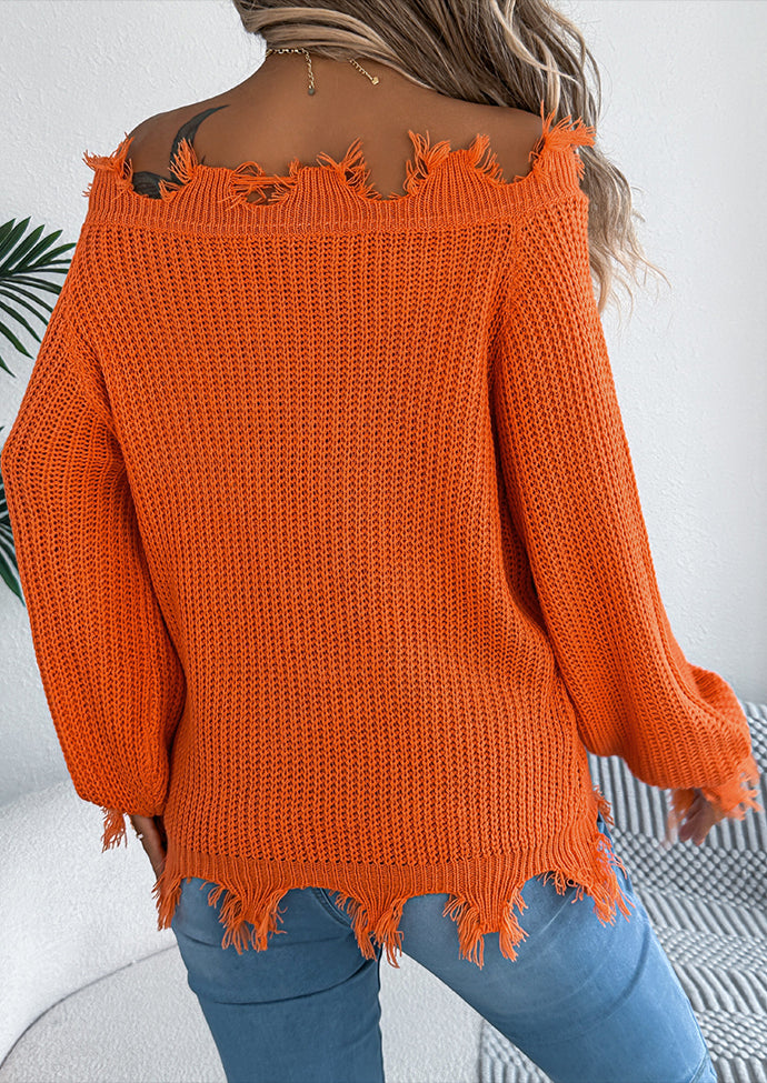 Off the Shoulder Raw Hem Jacquard Knitted Sweater