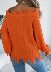 Off the Shoulder Raw Hem Jacquard Knitted Sweater