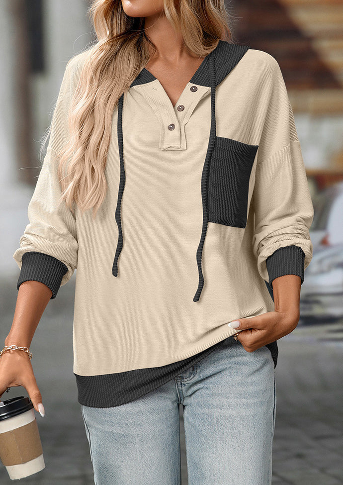 Color Block Tie Detail Button Up Hooded Sweatshirt