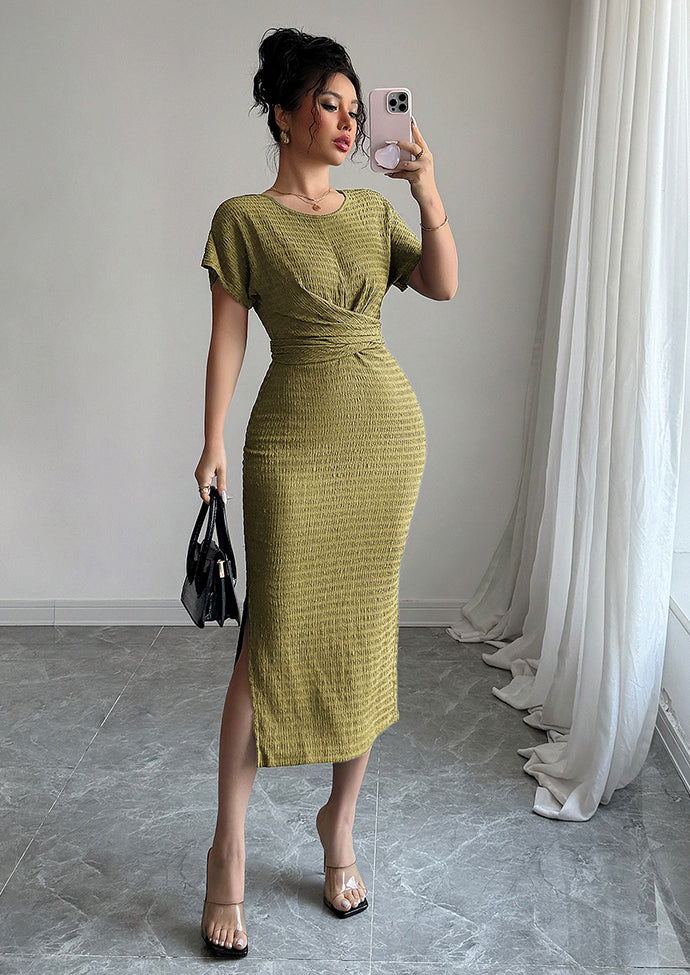 Textured Crew Neck Side Split Wrap Dress