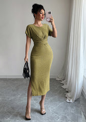 Textured Crew Neck Side Split Wrap Dress