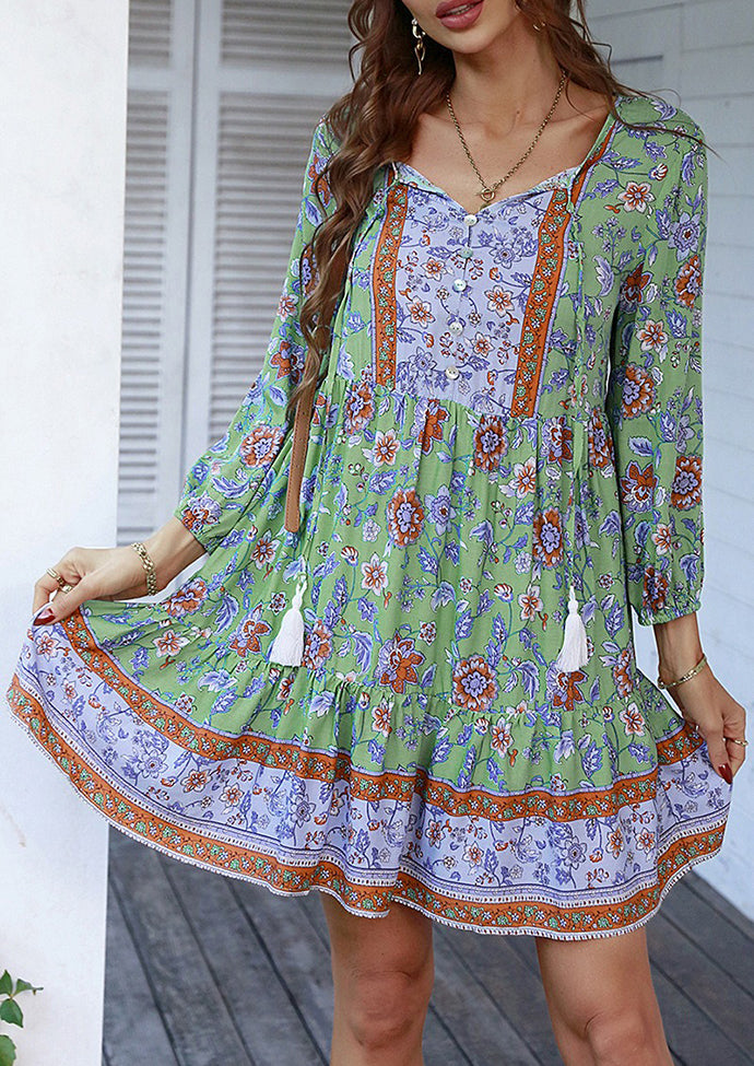 Button Detail Print Boho Mini Dress