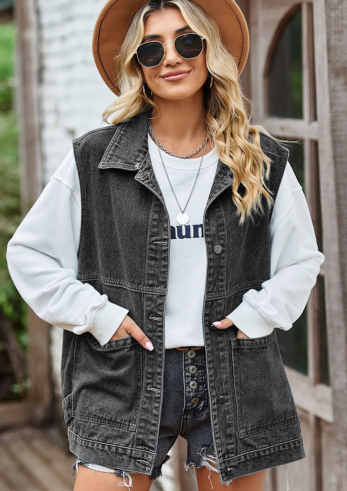 Washed Denim Button Up Casual Vest