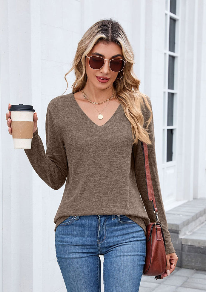 V Neck Long Sleeve Basic Casual T-shirt