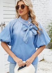 Button Detail Tie Bow Denim Half Sleeve Blouse
