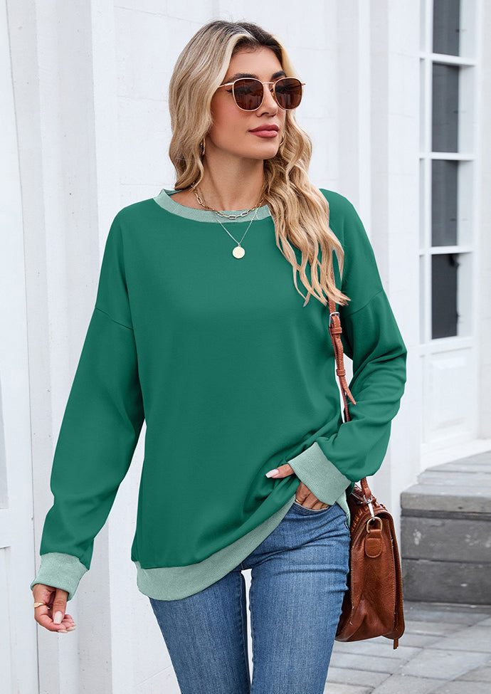Ribbed Color Block Crew Neck Casual Sweatshirt